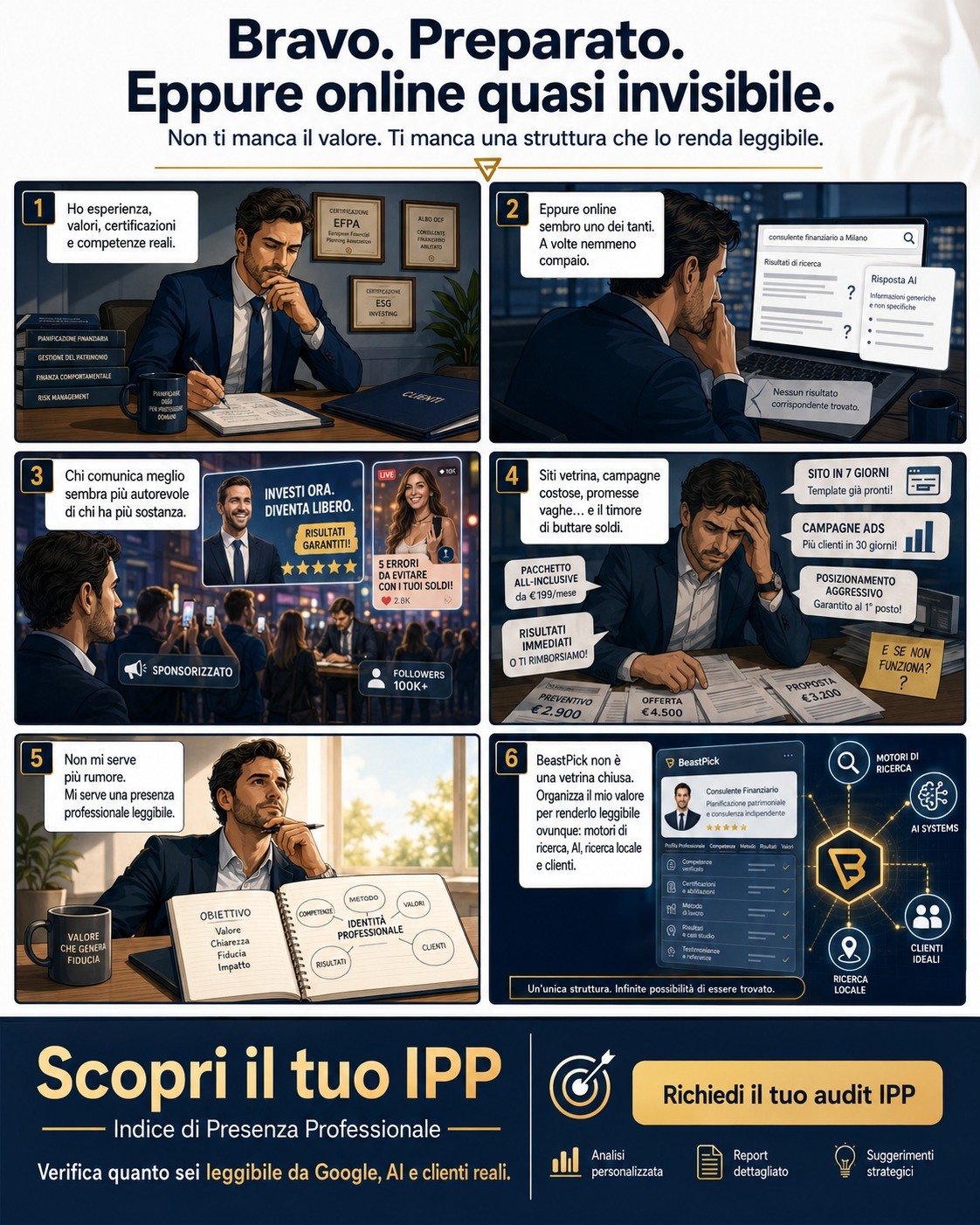 Sequenza illustrata BeastPick sulla leggibilità online dei consulenti finanziari OCF