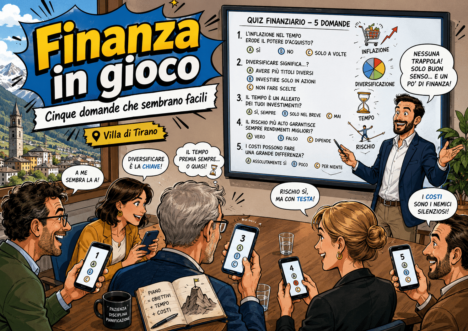 Evento Finanza in Gioco a Villa di Tirano con partecipanti al quiz finanziario su smartphone