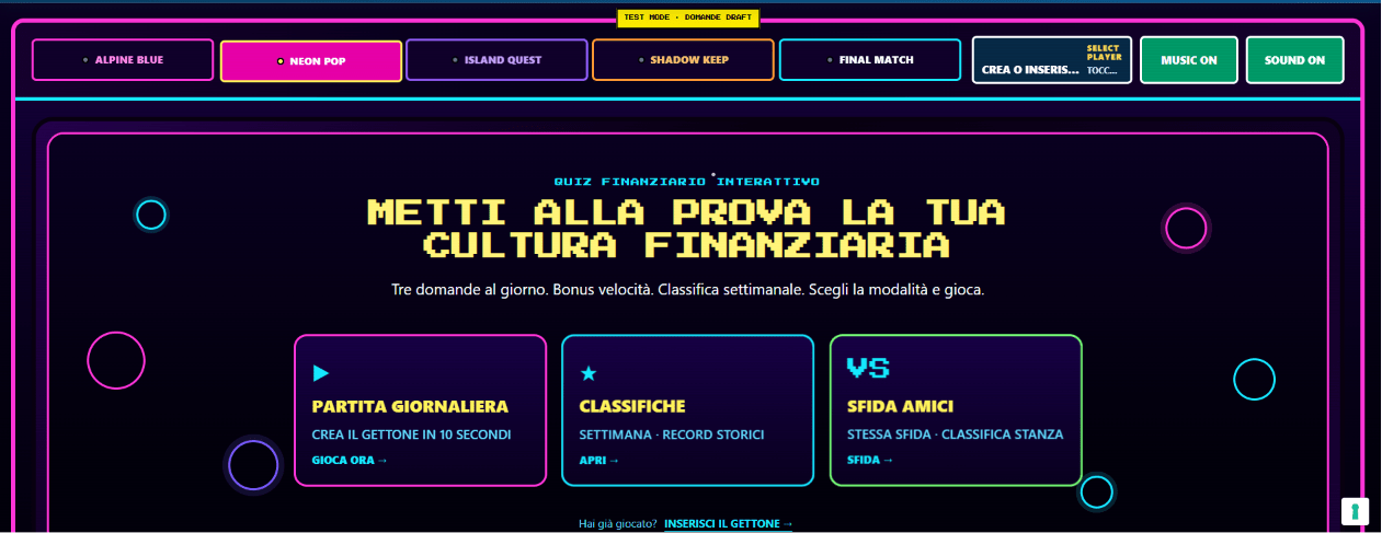 Schermata di Finanza in Gioco con partita giornaliera, classifiche settimanali e sfida amici